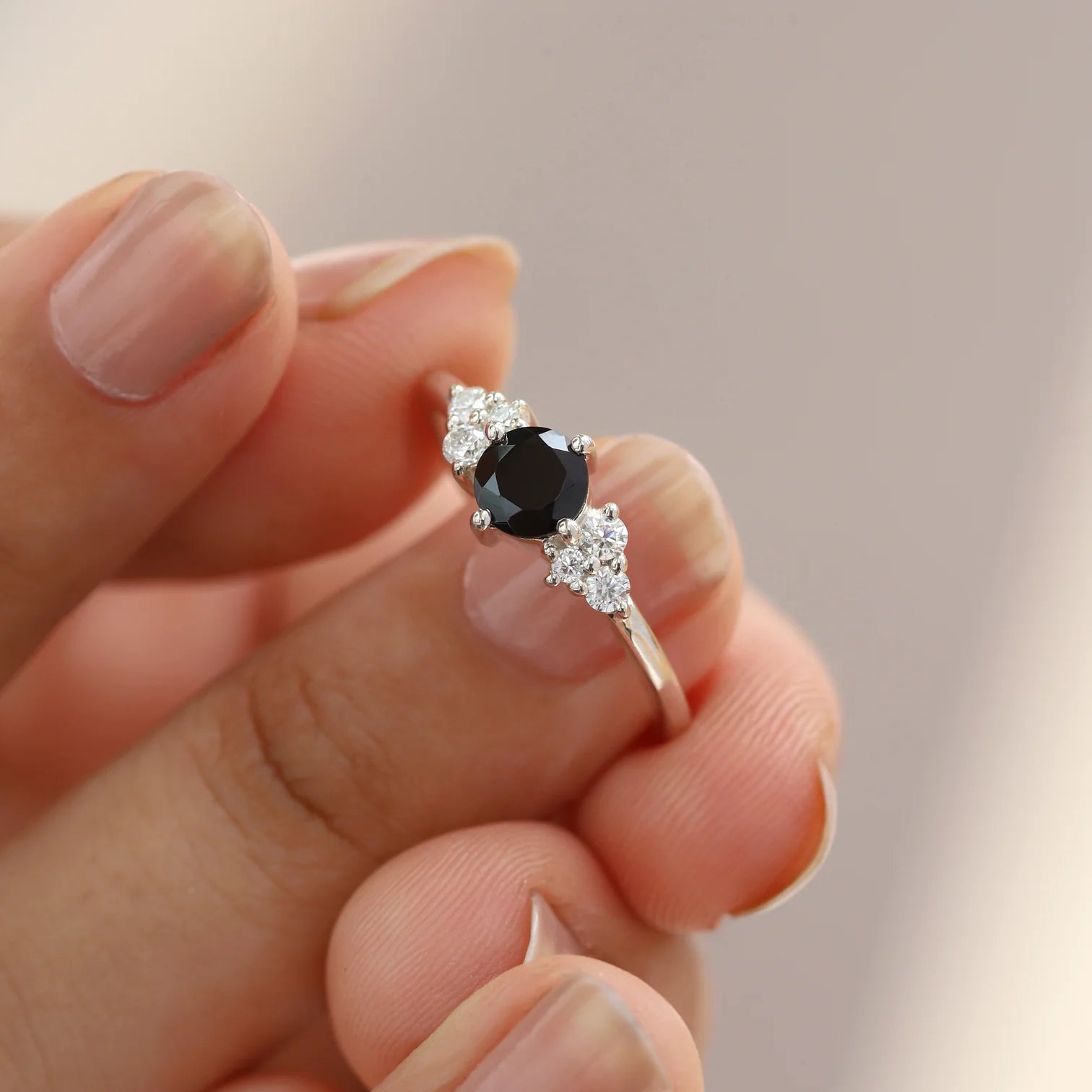 Irene Round Black Spinel with Moissanite Ring