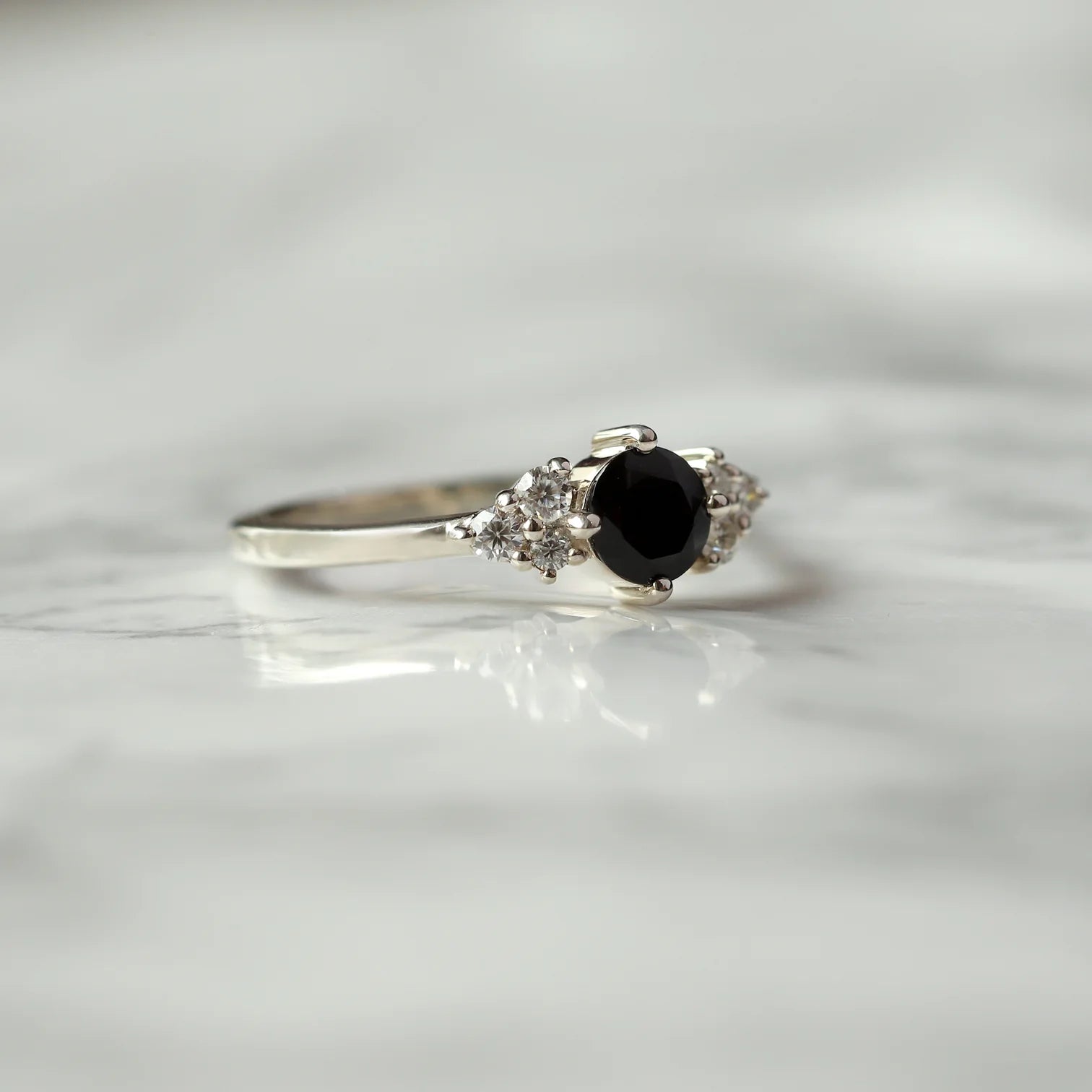 Irene Round Black Spinel with Moissanite Ring