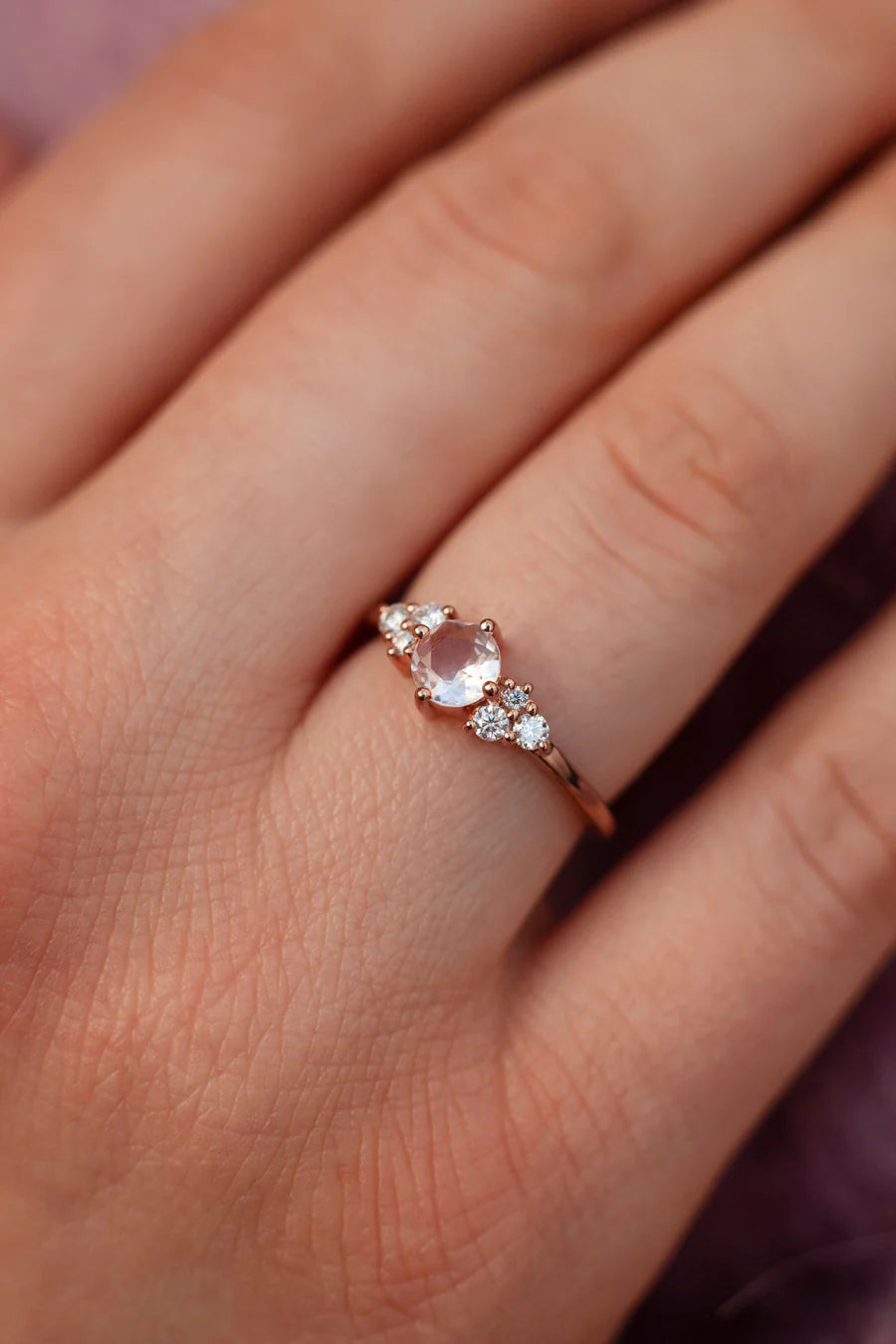 Irene Round Rose Quartz with Moissanite Ring