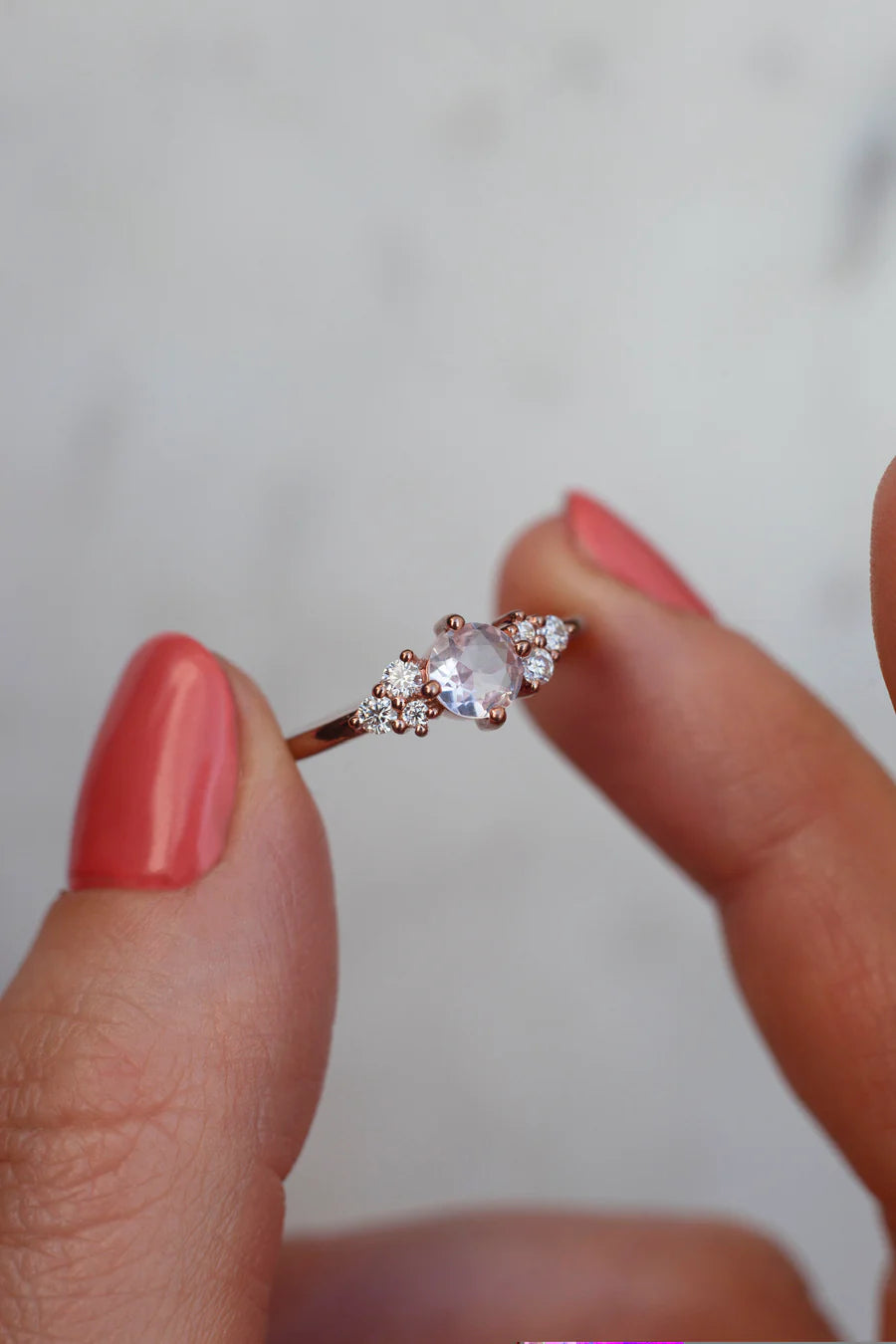 Irene Round Rose Quartz with Moissanite Ring