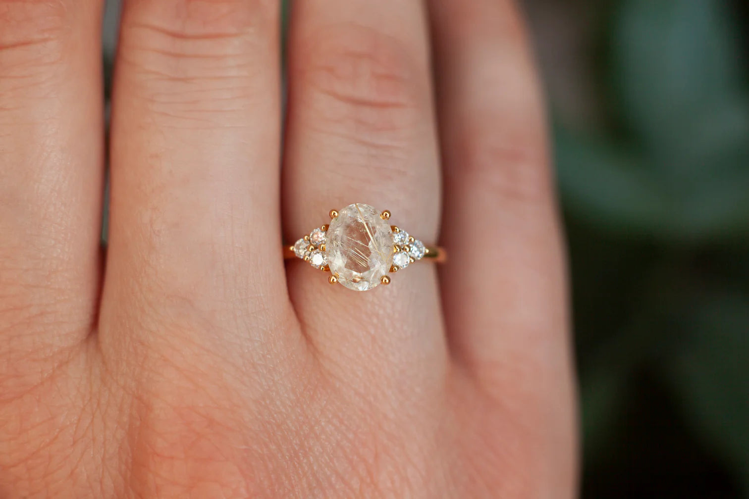 Olivia Golden Rutile Quartz Ring with side Moissanite