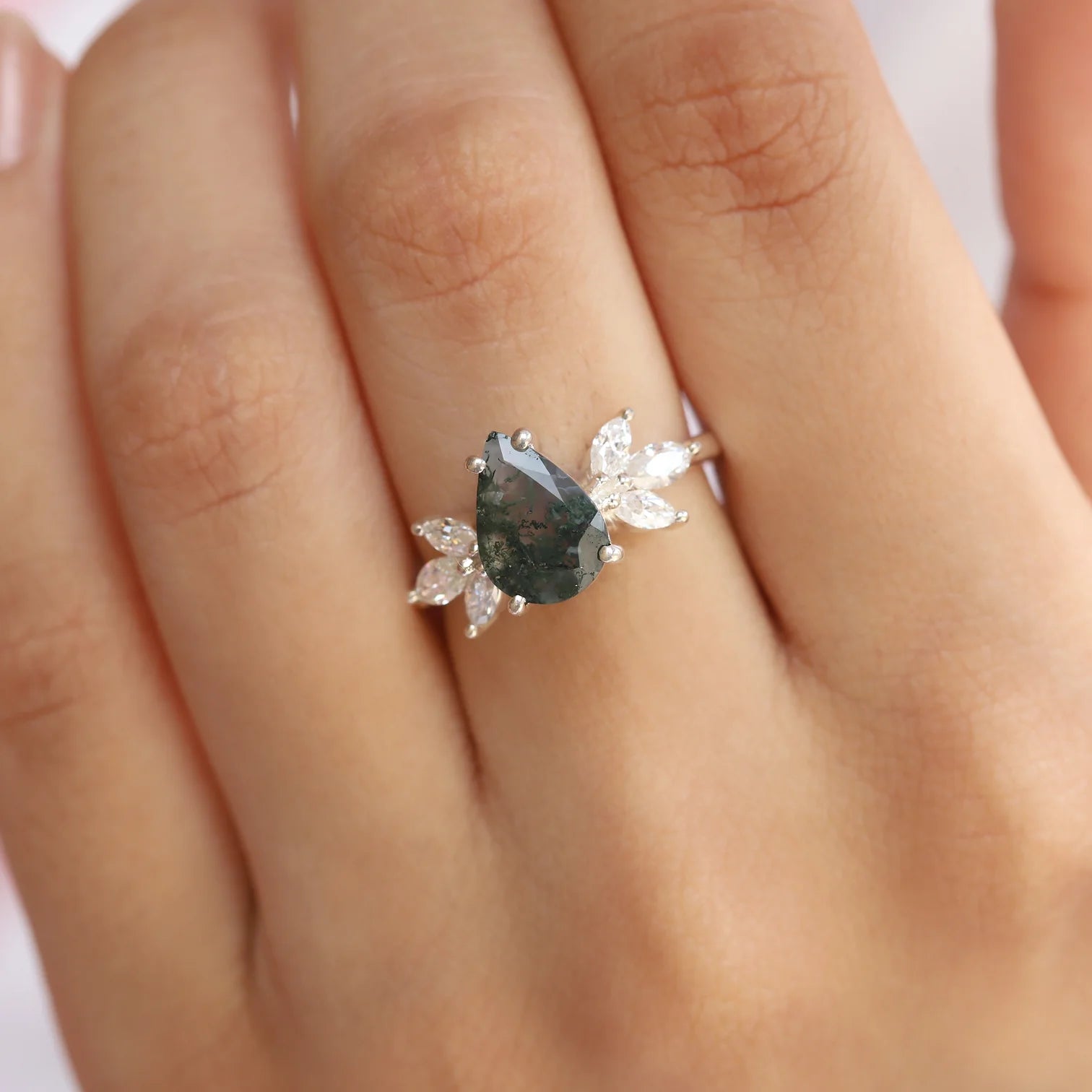 Monica Pear Moss Agate Ring with Petal Marquise Moissanites