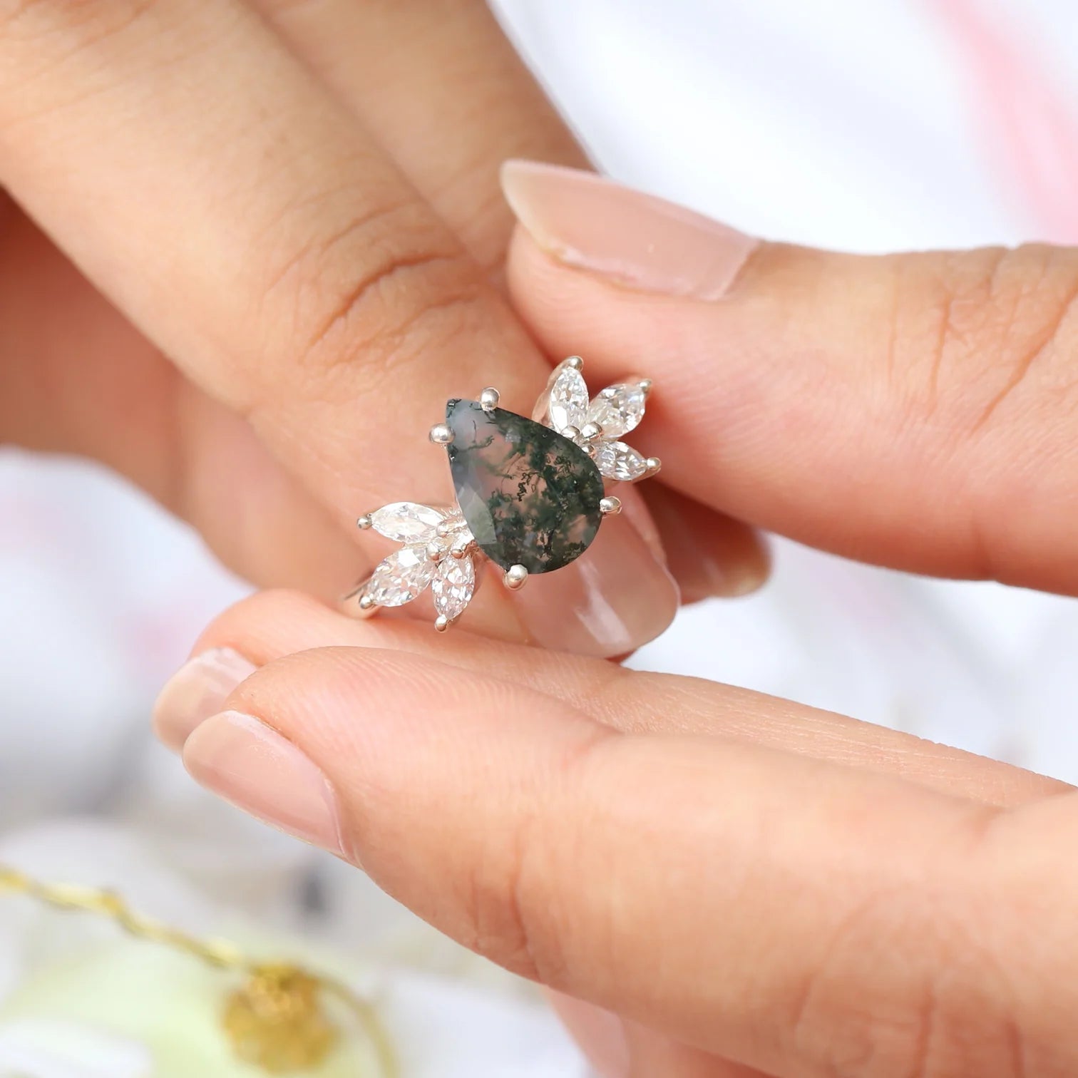 Monica Pear Moss Agate Ring with Petal Marquise Moissanites