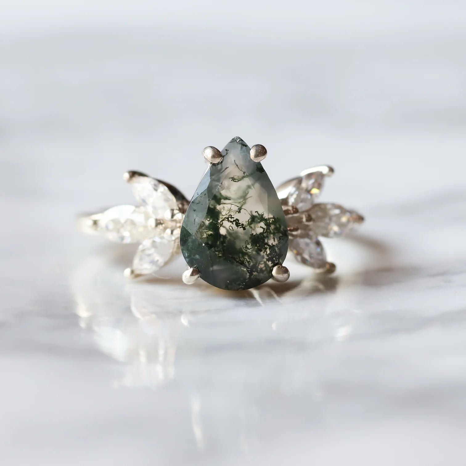 Monica Pear Moss Agate Ring with Petal Marquise Moissanites