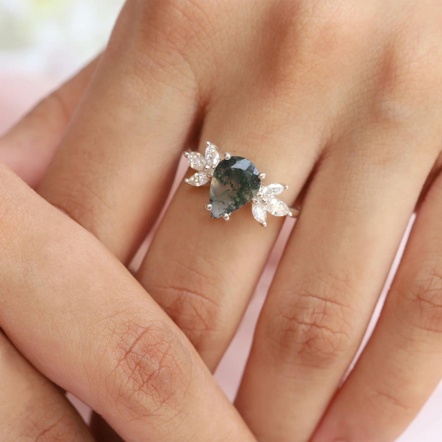 Monica Pear Moss Agate Ring with Petal Marquise Moissanites