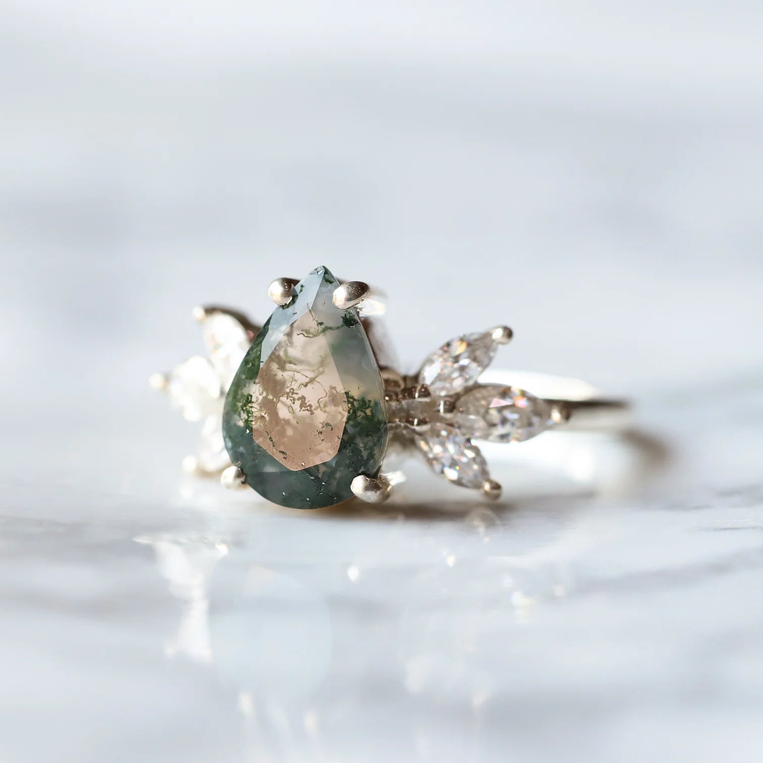 Monica Pear Moss Agate Ring with Petal Marquise Moissanites