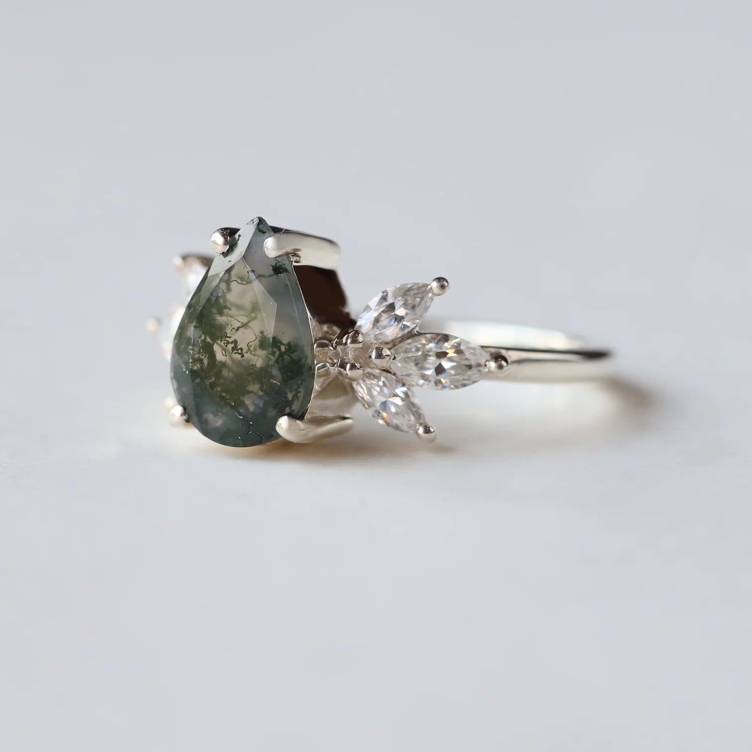 Monica Pear Moss Agate Ring with Petal Marquise Moissanites