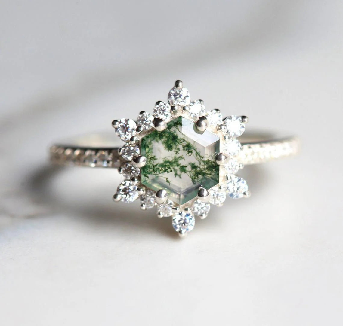 Cleo Hexagon Moss Agate Ring with Moissanite