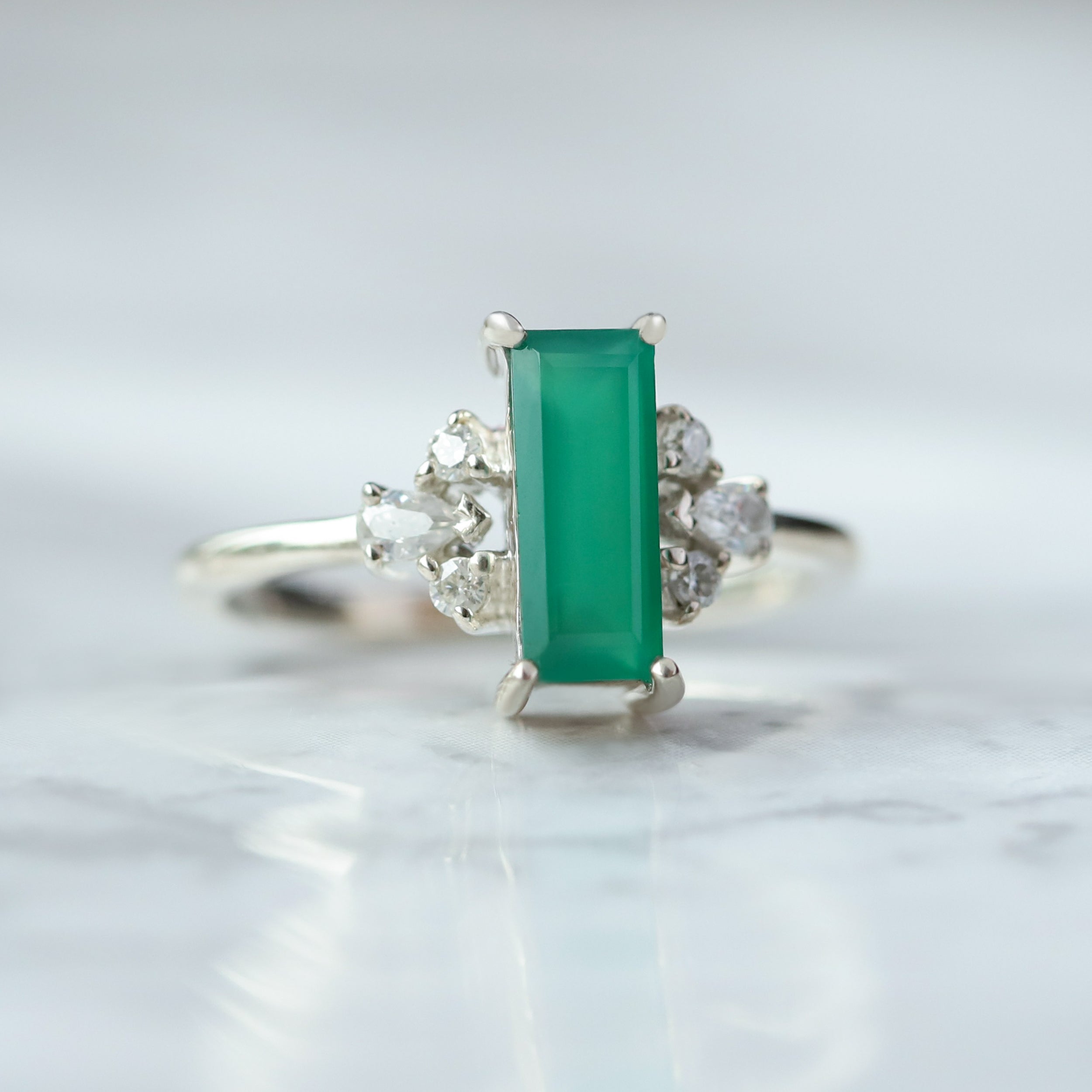 Sarah Green Onyx Baguette Ring with side Moissanite