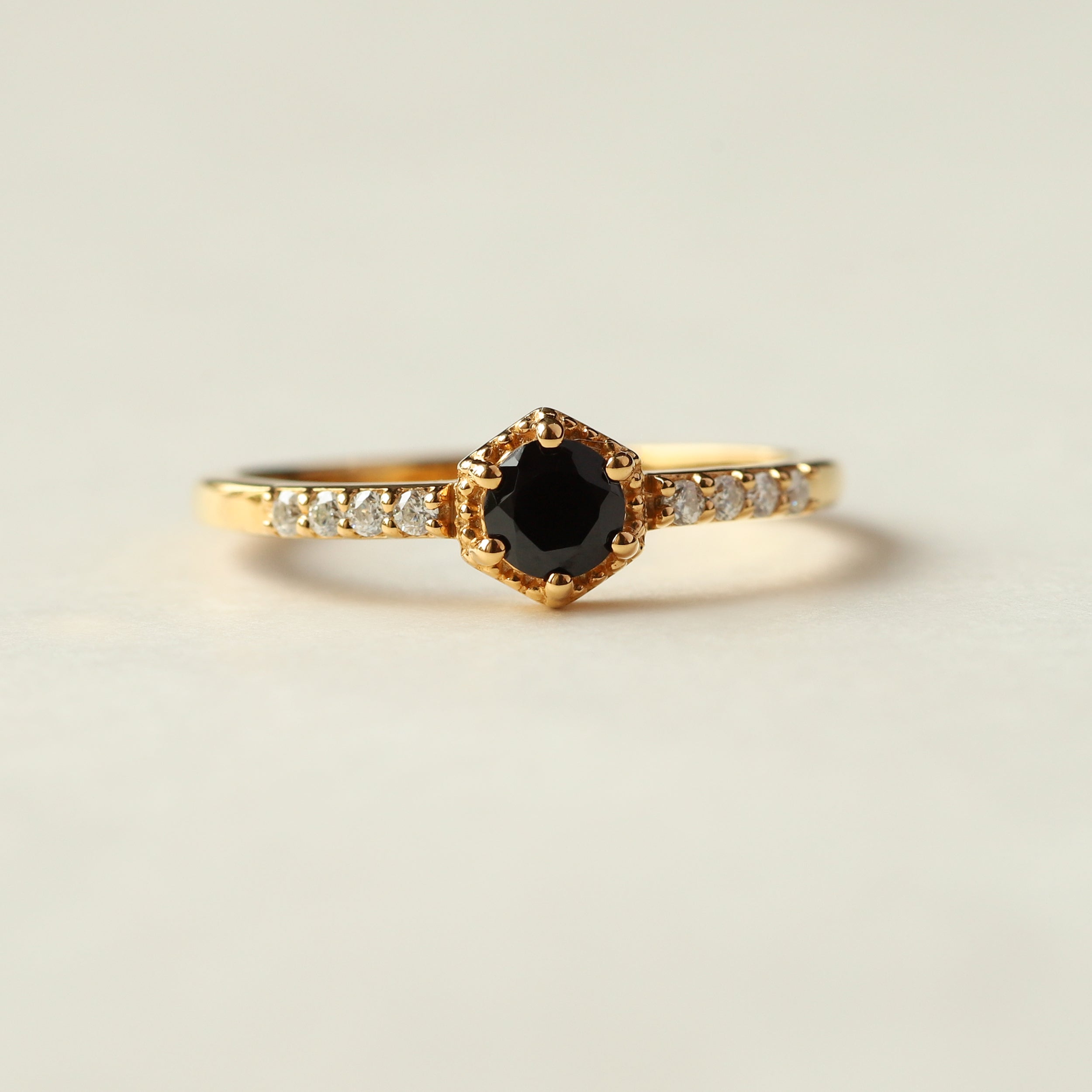 Bella Round Black Spinel Ring with side Moissanite