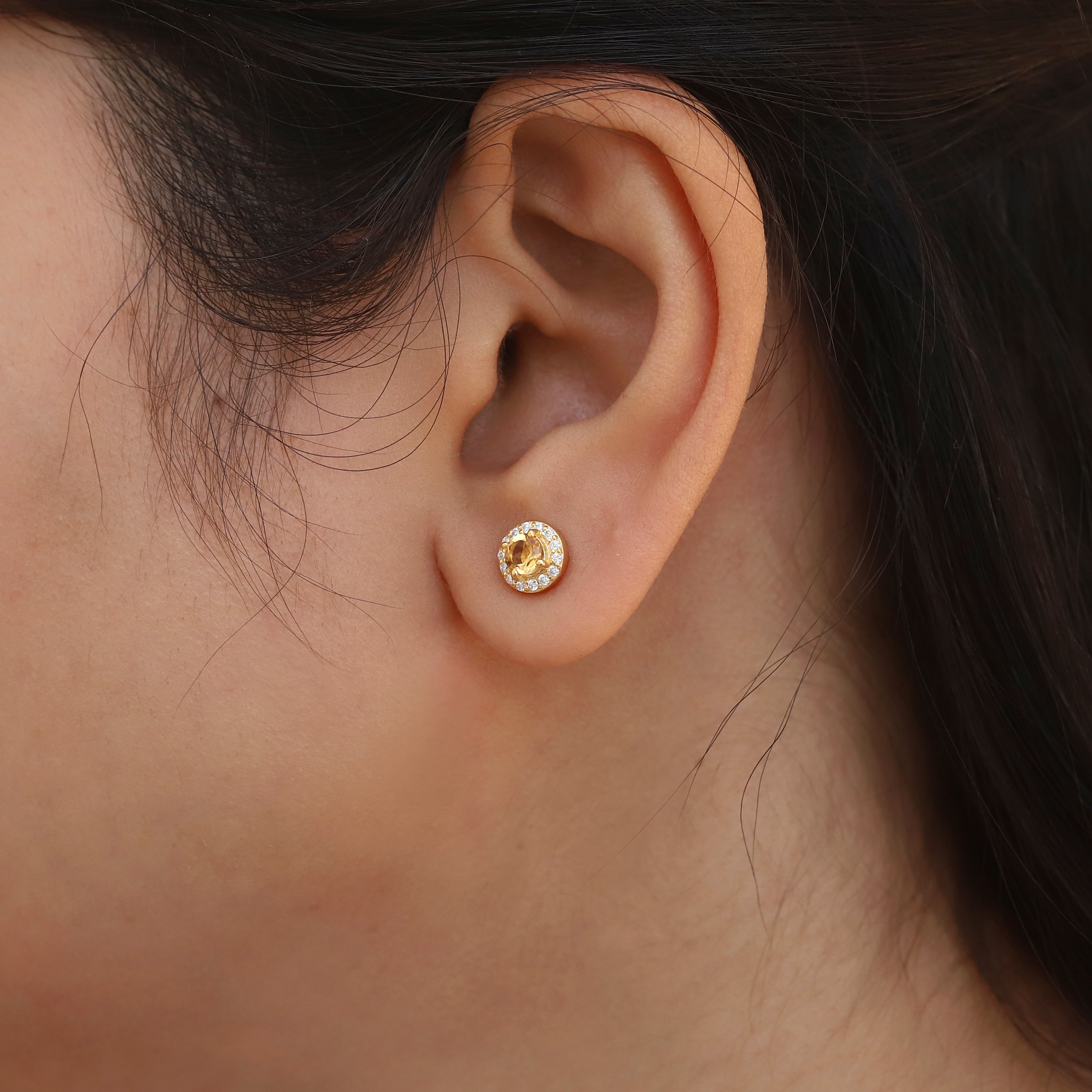 Valeria Citrine Circle Stud Earrings with Moissanite Halo