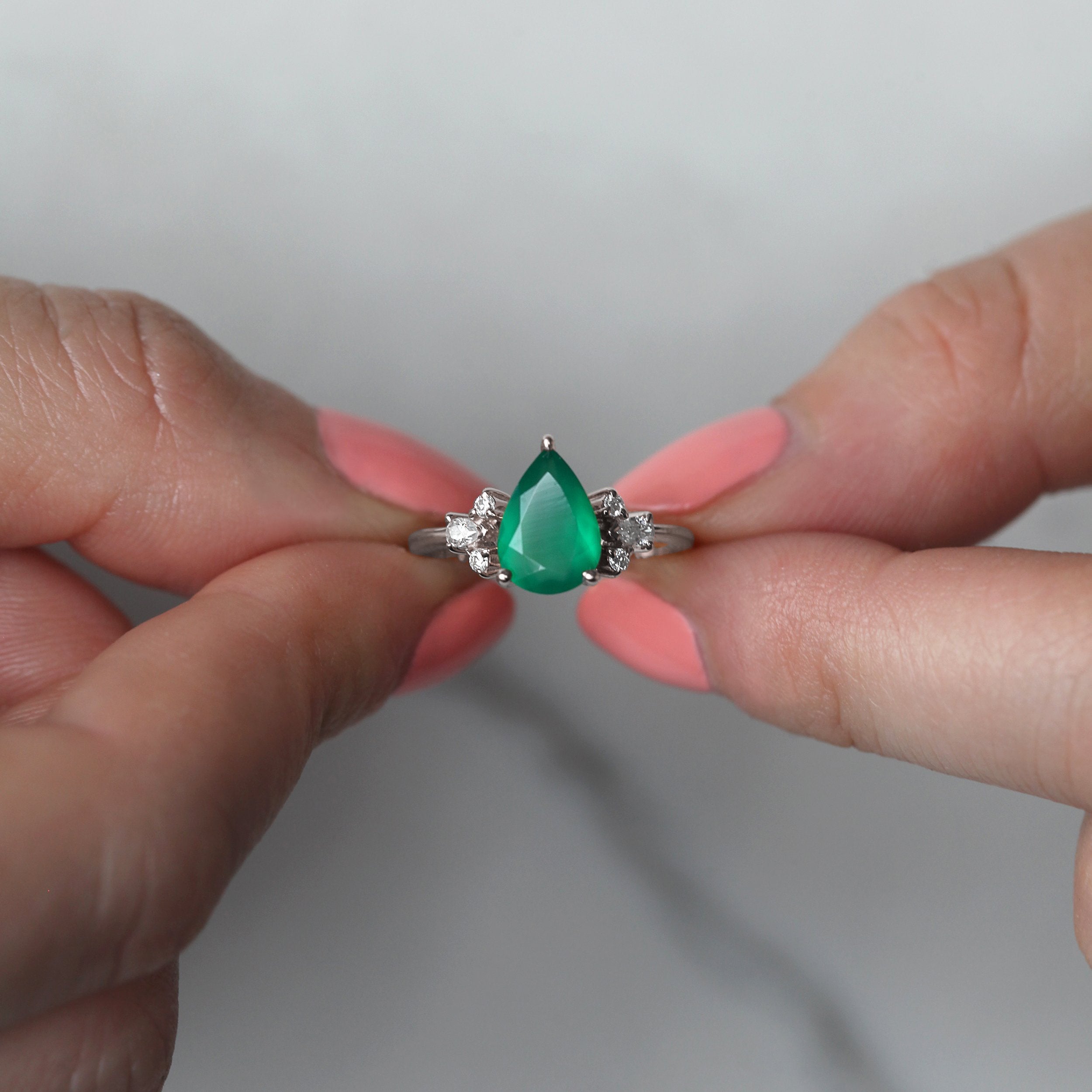 Aretha Pear Green Onyx Ring with Round Moissanite