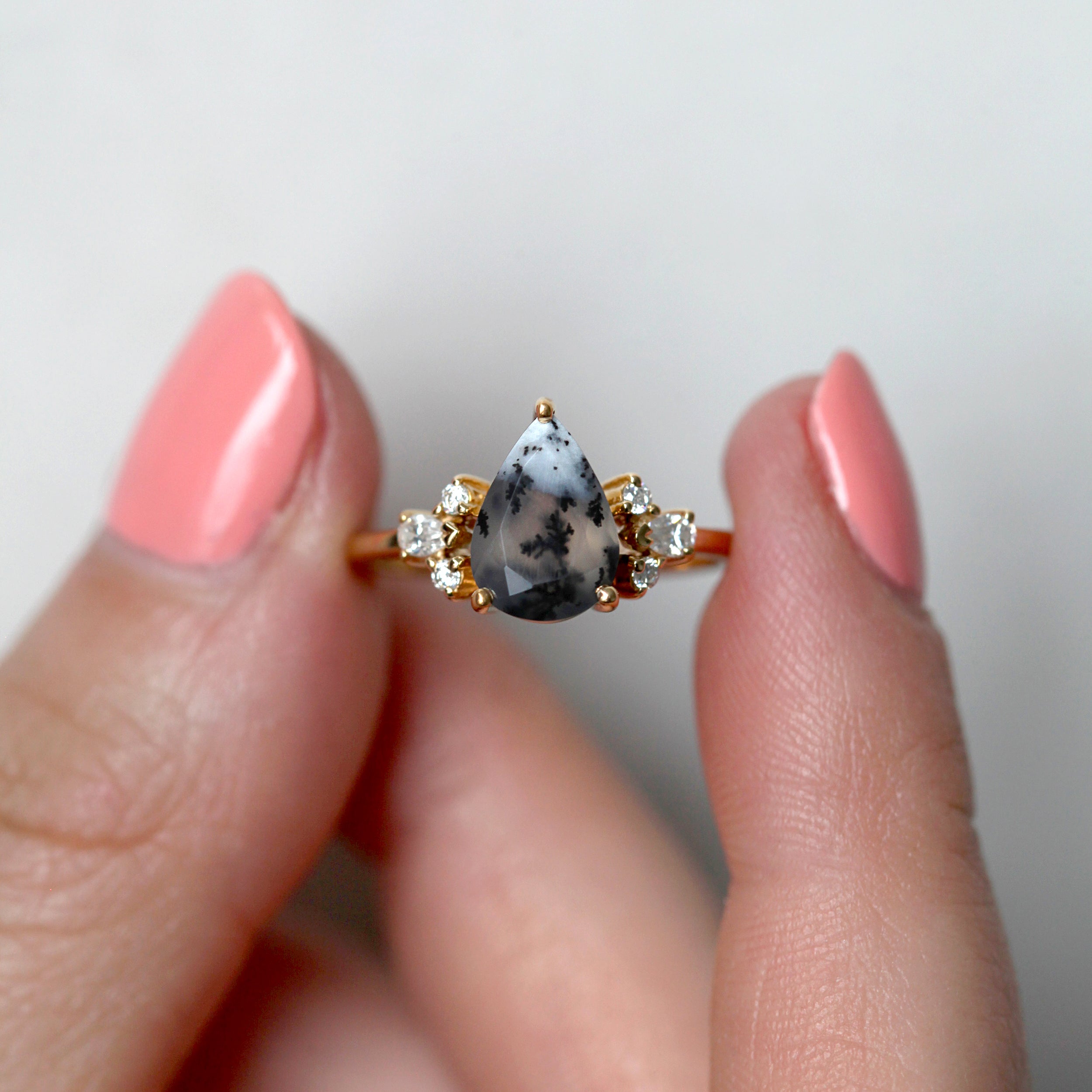 Aretha Pear Dendritic Opal Ring with Round Moissanite