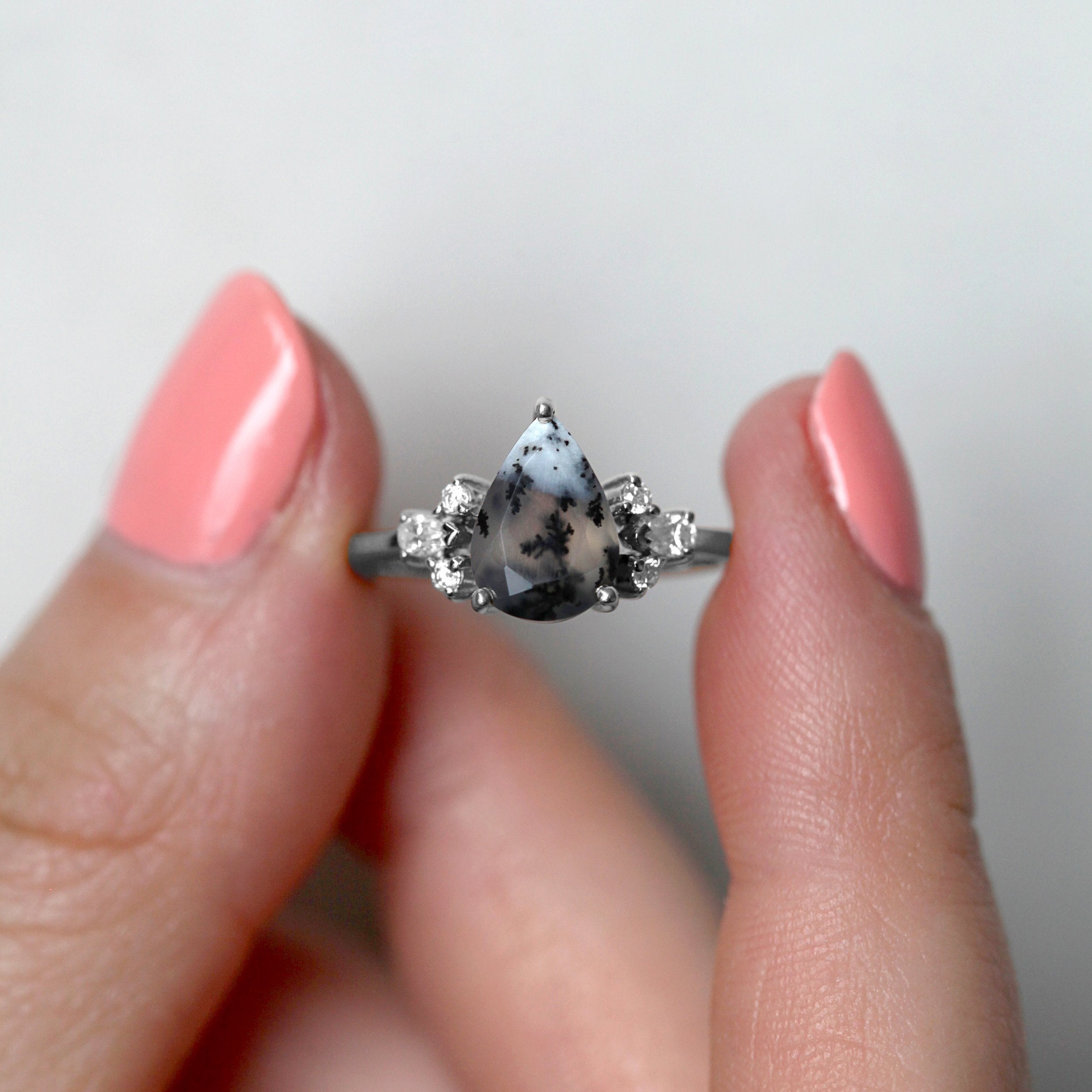 Aretha Pear Dendritic Opal Ring with Round Moissanite