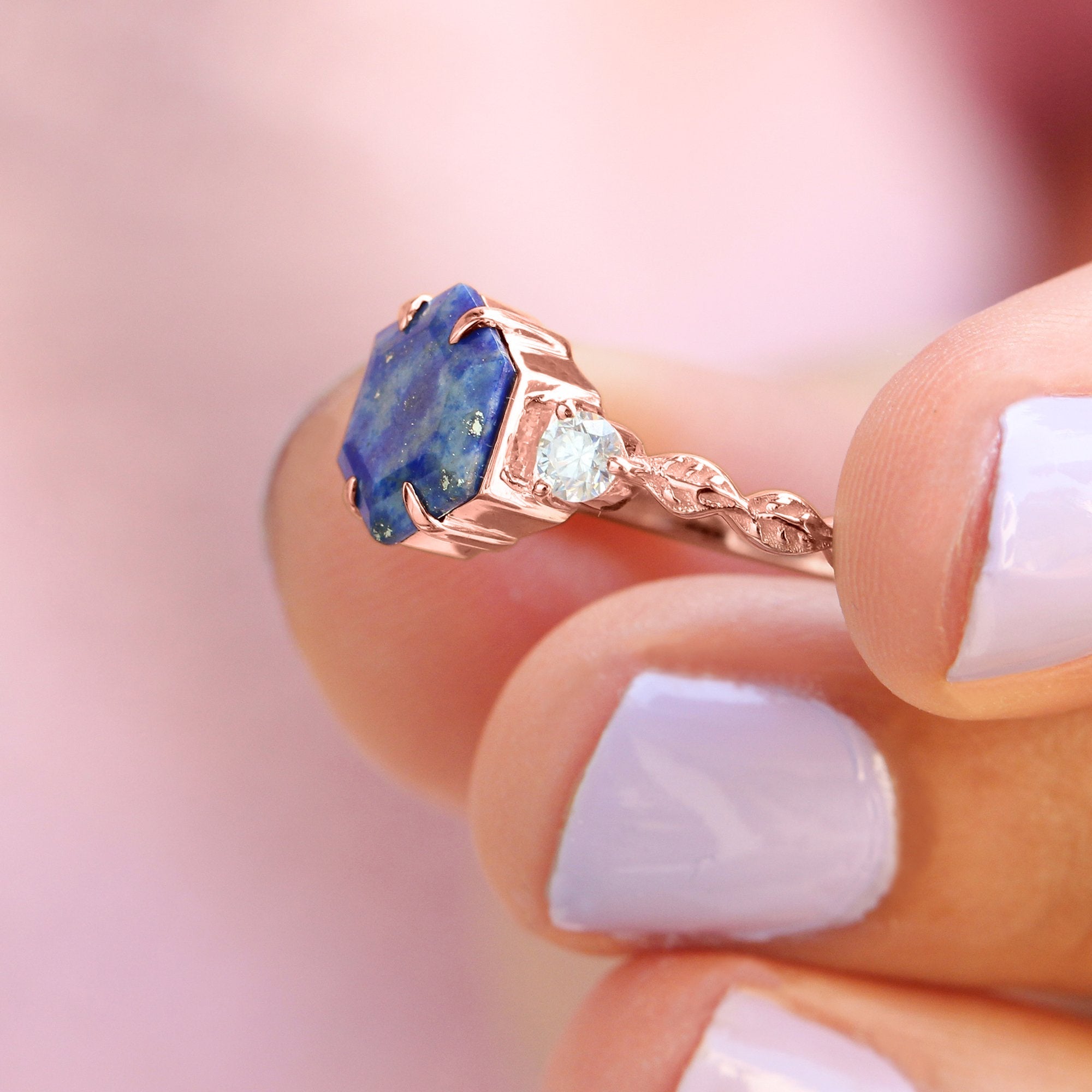 Vista Hexagon Lapis Lazuli Ring with Leaves Band