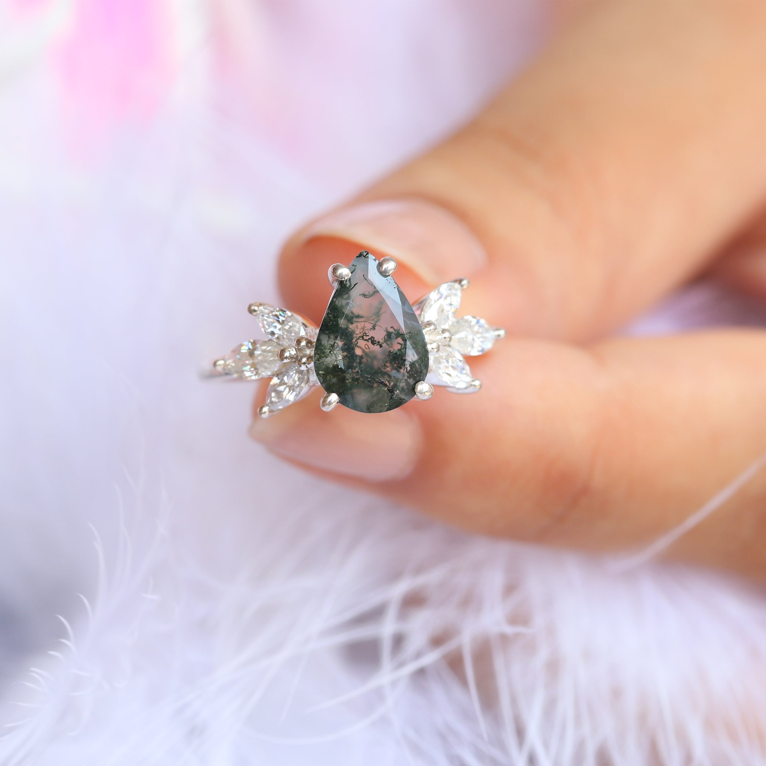 Monica Pear Moss Agate Ring with Petal Marquise Moissanites