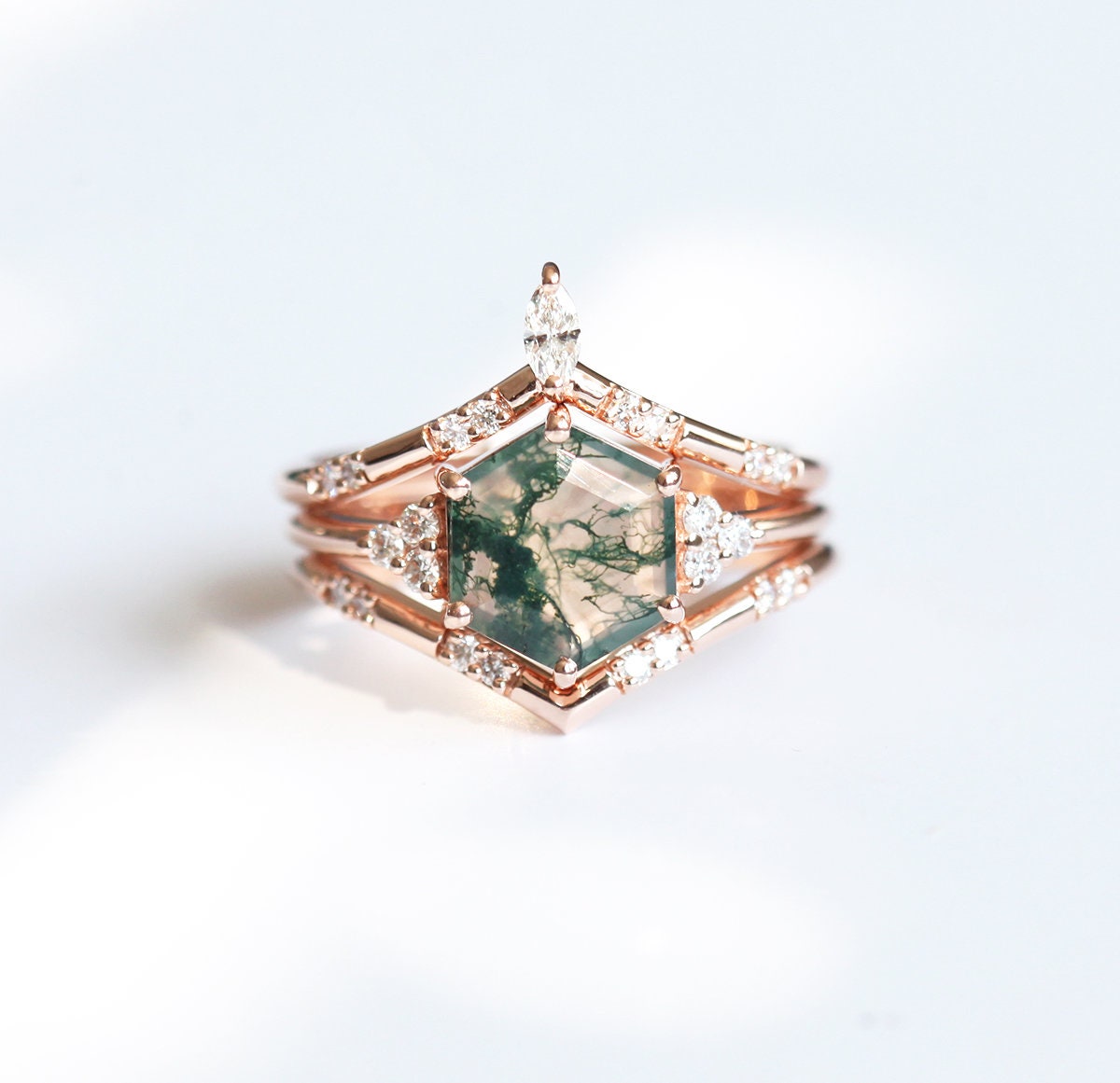 Ada Hexagon Moss Agate Ring Set