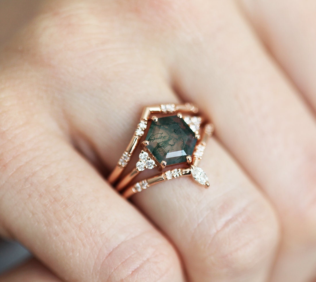 Ada Hexagon Moss Agate Ring Set