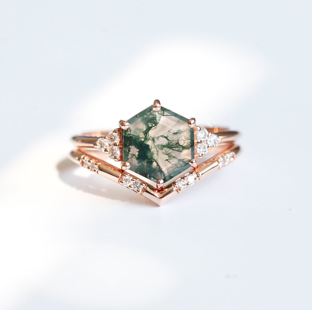 Ada Hexagon Moss Agate Ring Set