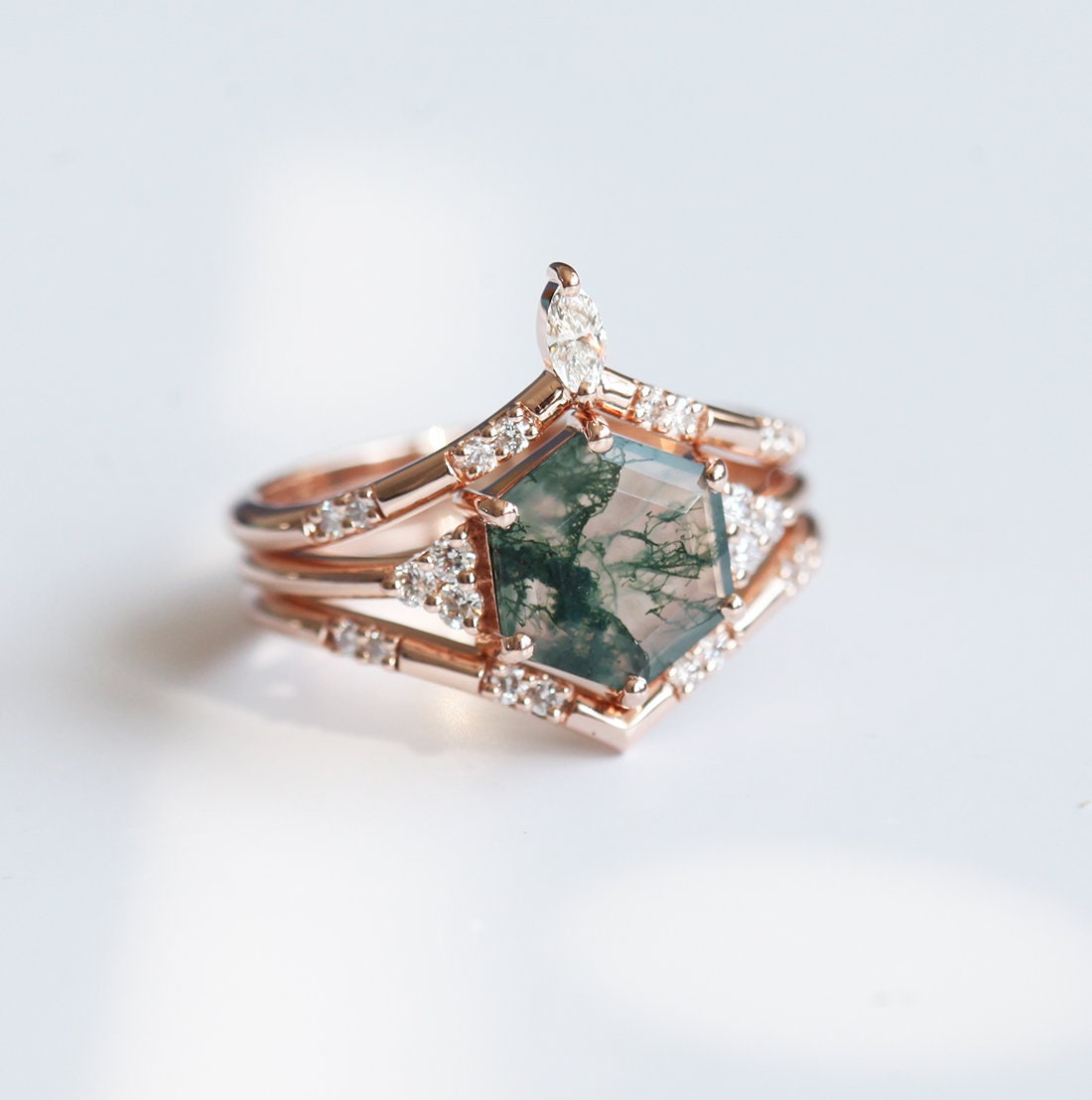 Ada Hexagon Moss Agate Ring Set