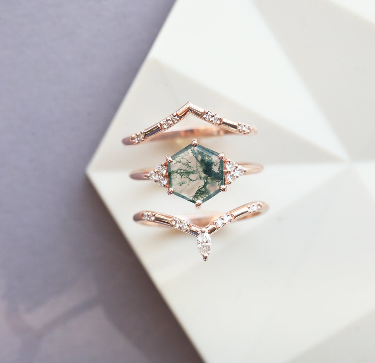 Ada Hexagon Moss Agate Ring Set