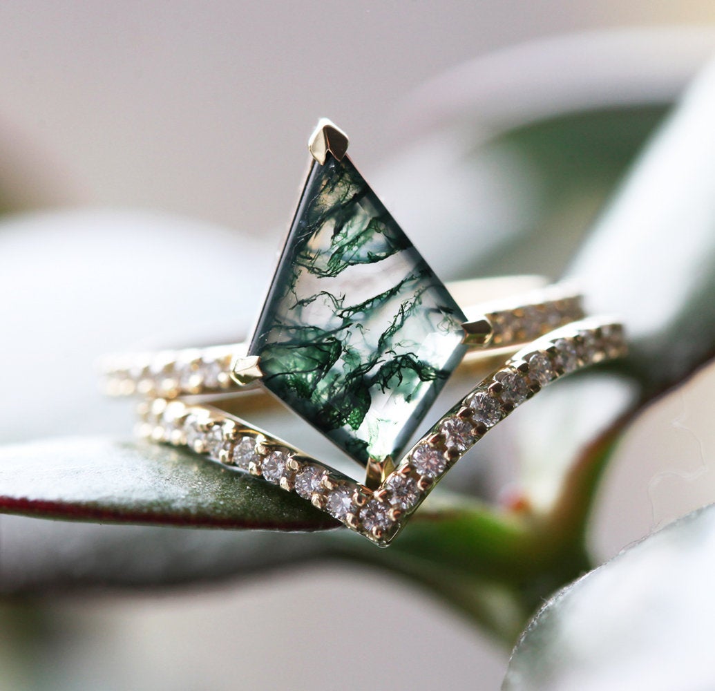 Anna Moss Agate and Diamond Kite Ring Set