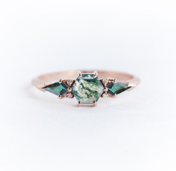 Brooklyn Hexagon Moss Agate Ring