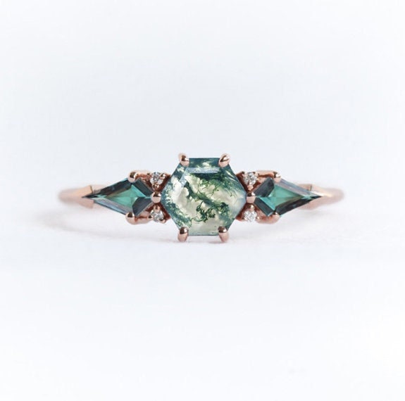 Brooklyn Hexagon Moss Agate Ring