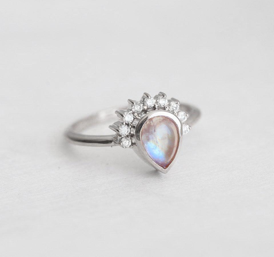 Cabochon Moonstone Engagement Ring With Diamond Crown