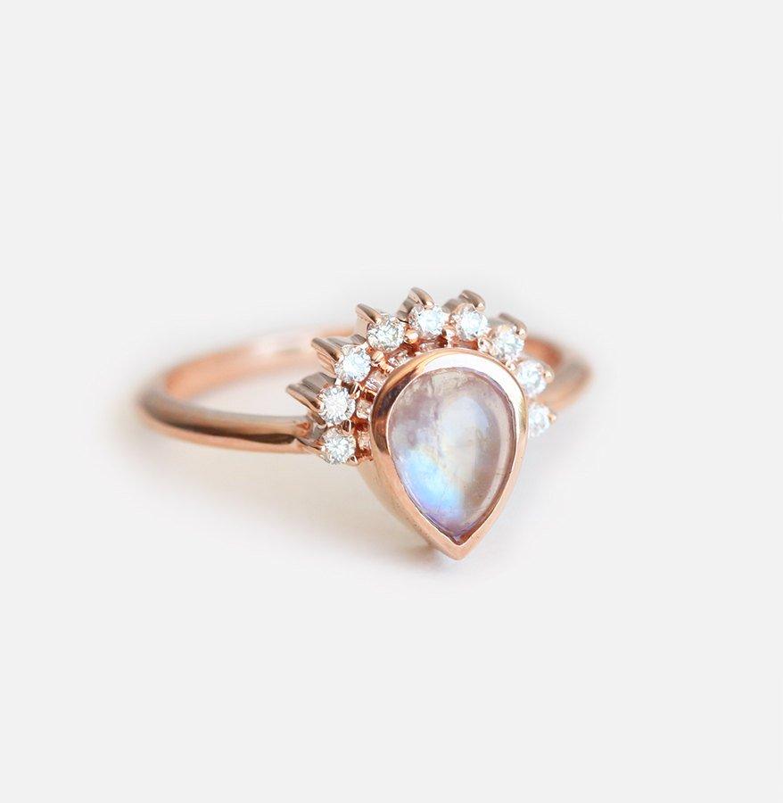 Cabochon Moonstone Engagement Ring With Diamond Crown