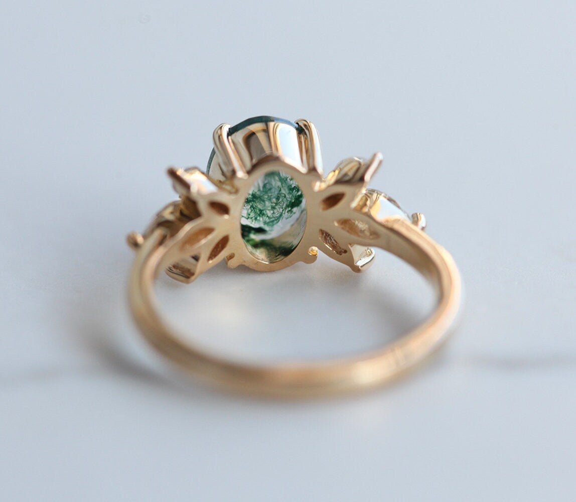 Elenor Pear Moss Agate and Diamond Ring