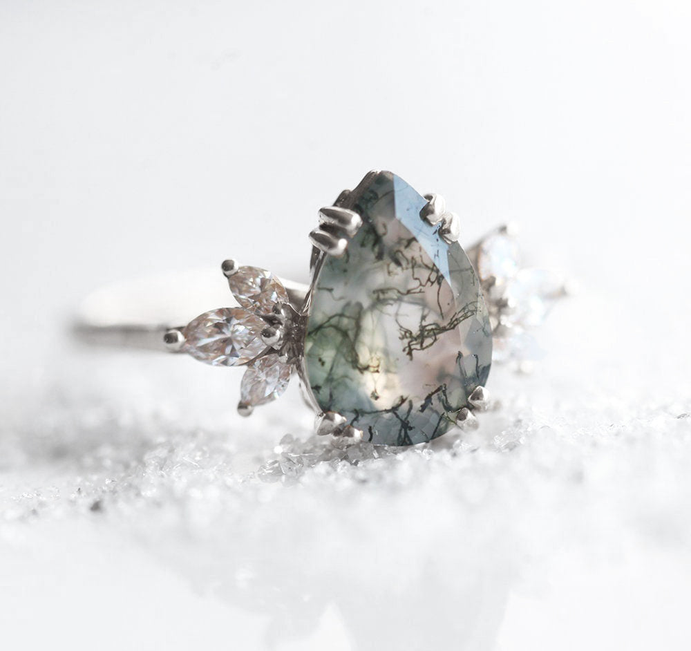 Elenor Pear Moss Agate and Diamond Ring