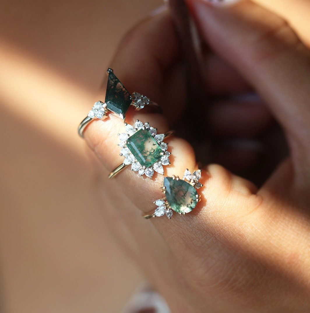 Elenor Pear Moss Agate and Diamond Ring