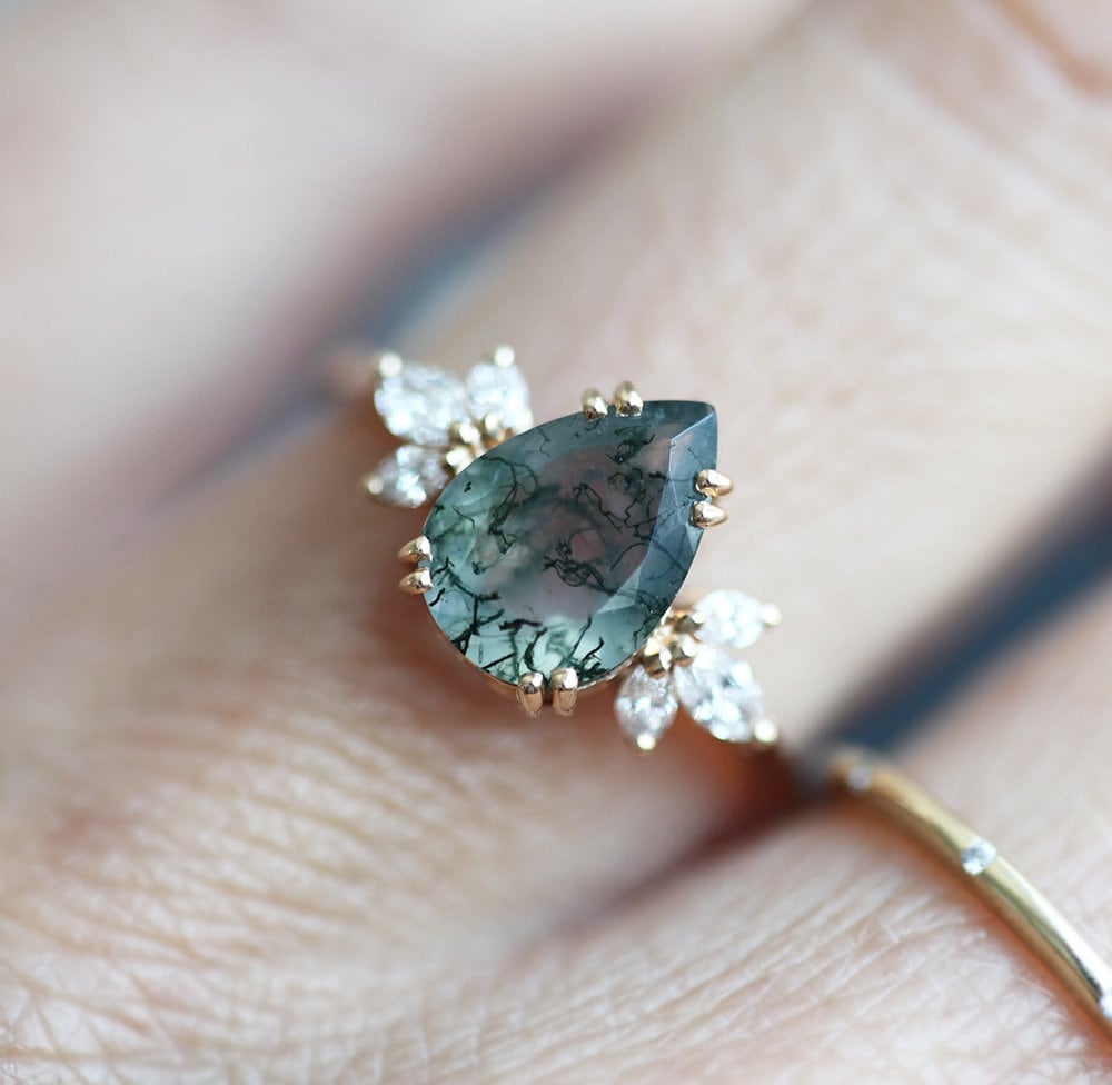 Elenor Pear Moss Agate and Diamond Ring