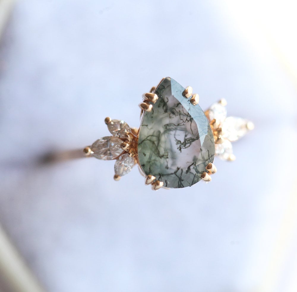 Elenor Pear Moss Agate and Diamond Ring