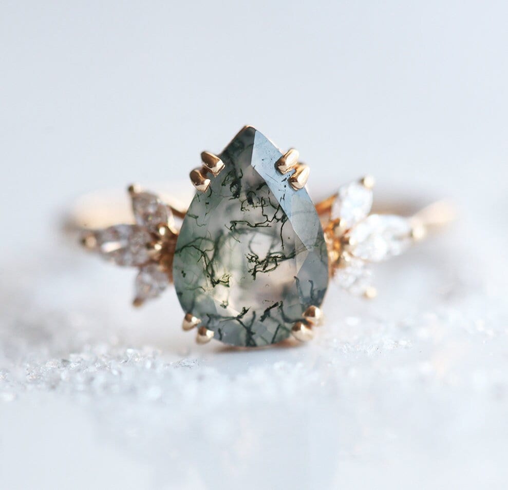 Elenor Pear Moss Agate and Diamond Ring
