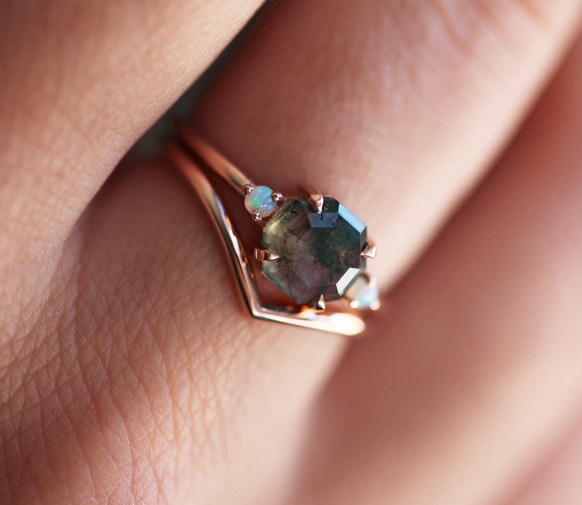Ellie Octagon Moss Agate And Opal Ring Set