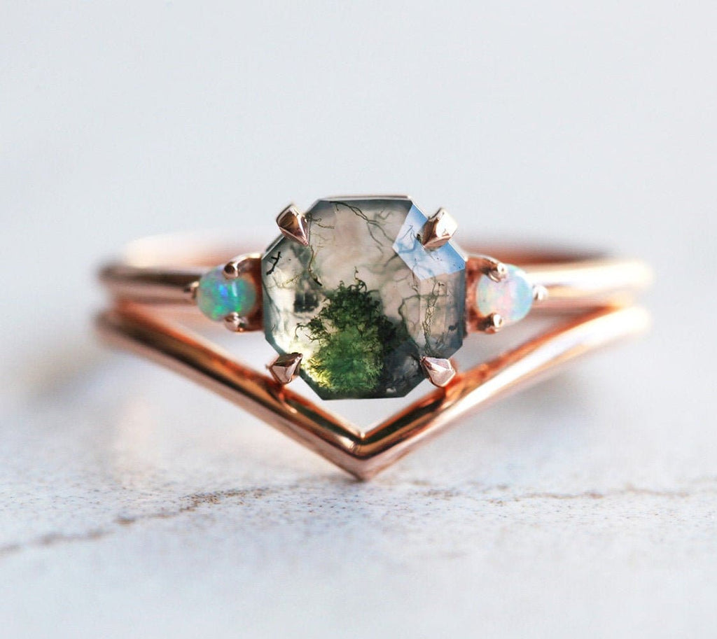 Ellie Octagon Moss Agate And Opal Ring Set