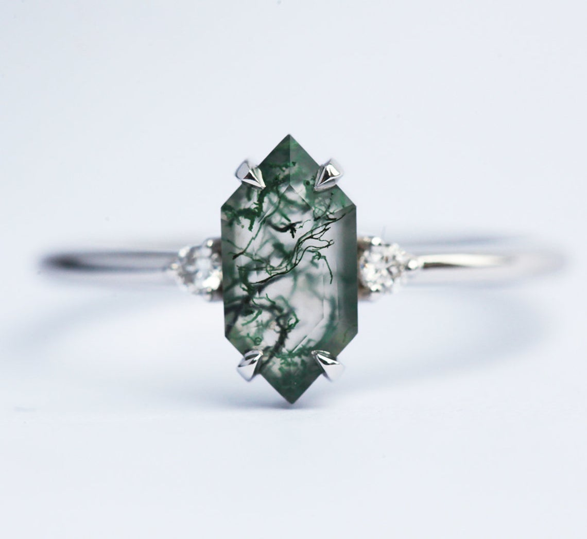 Hayley Hexagon Moss Agate Ring Set