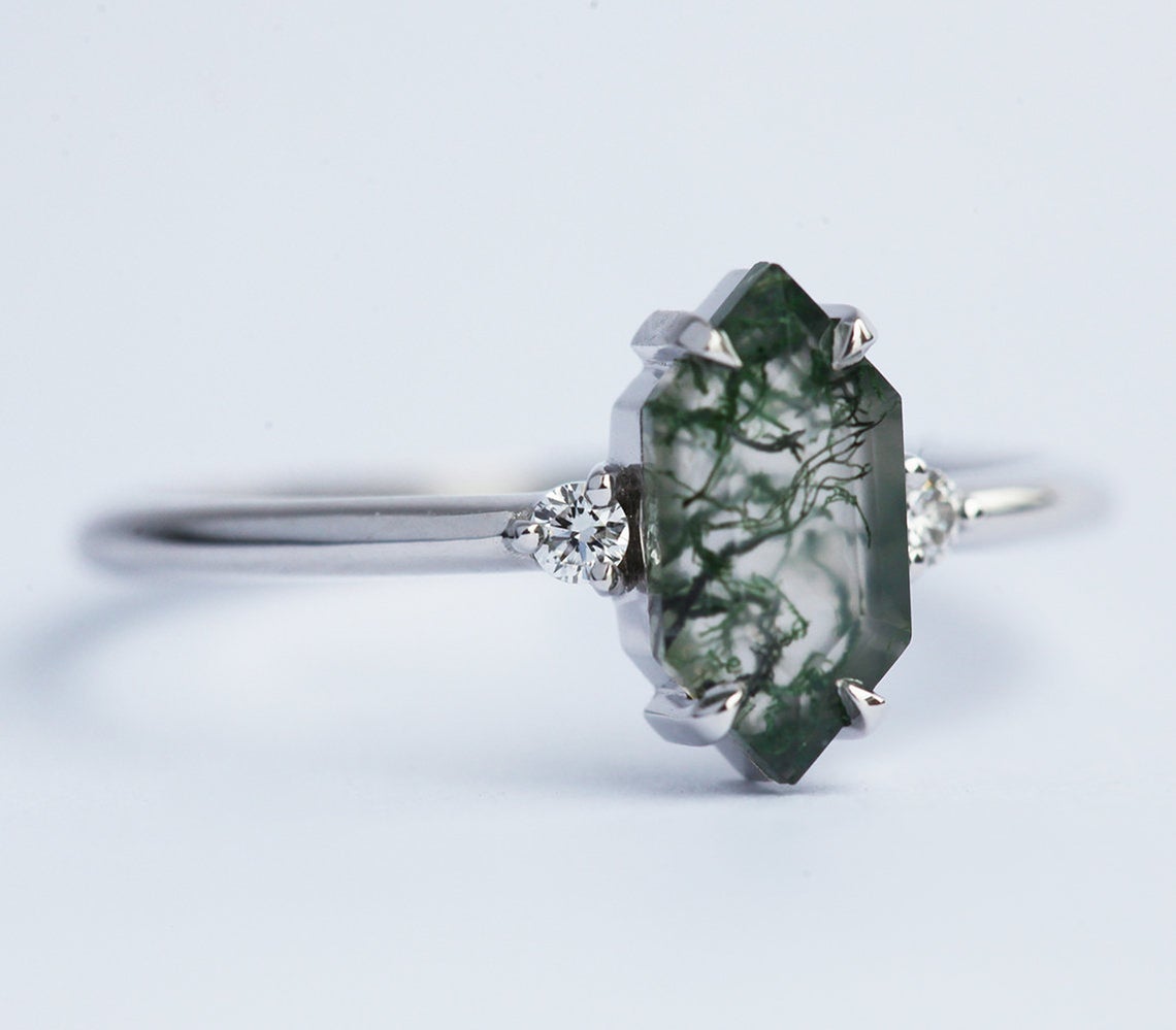 Hayley Hexagon Moss Agate Ring Set