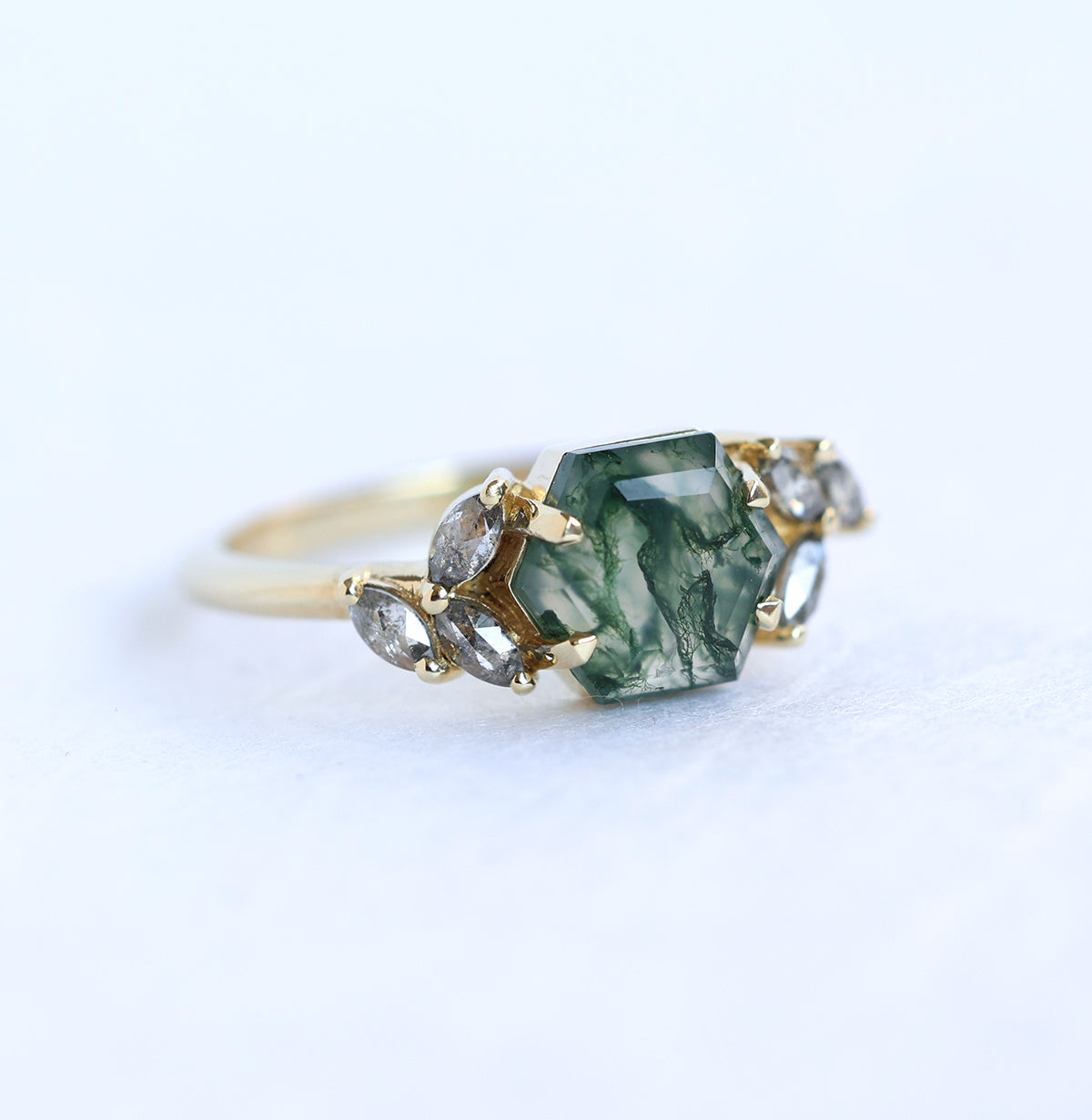 Hexagon Moss Agate Diamond Ring