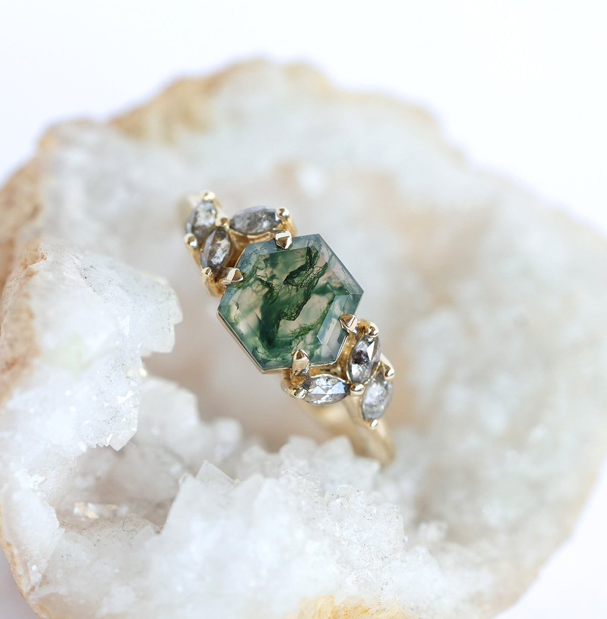 Hexagon Moss Agate Diamond Ring