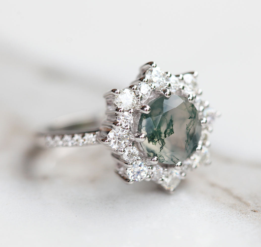 Jessica Round Moss Agate with Halo Moissanite Ring