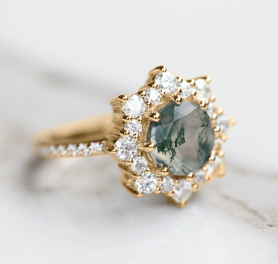 Jessica Round Moss Agate with Halo Moissanite Ring