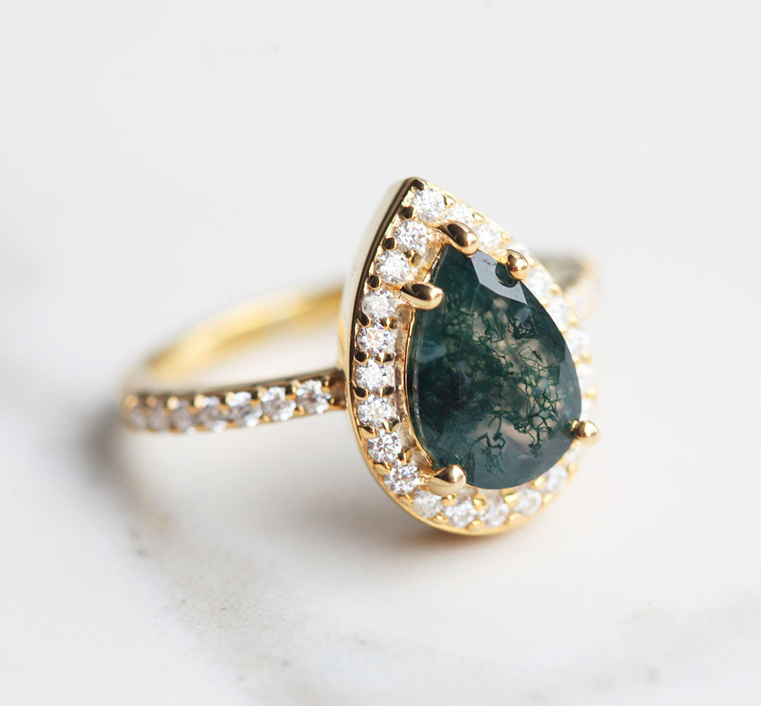 Britney Pear Moss Agate Ring with Moissanite Pave Halo