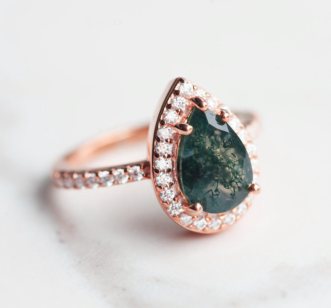 Britney Pear Moss Agate Ring with Moissanite Pave Halo