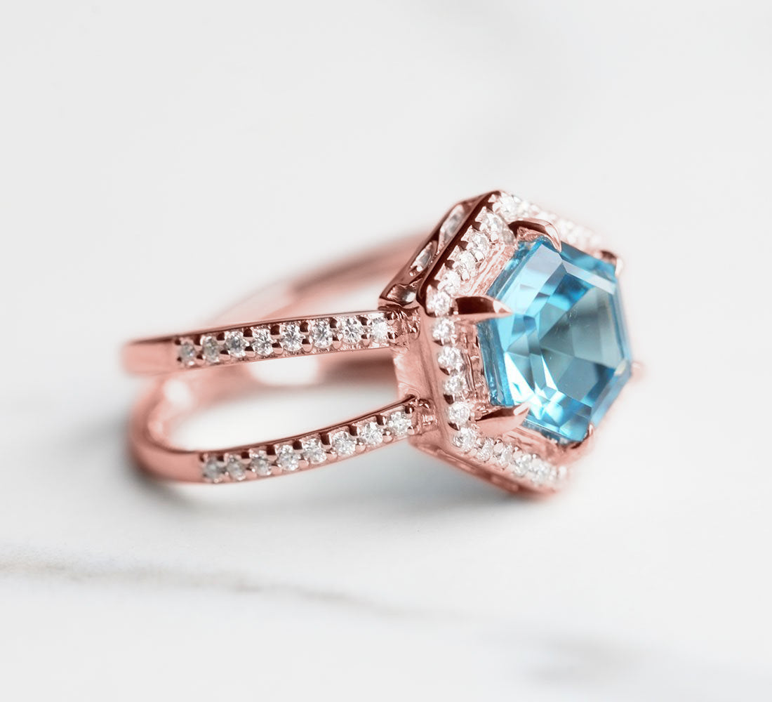 Serena Hexagon Swiss Blue Topaz Ring with Double Pave Band