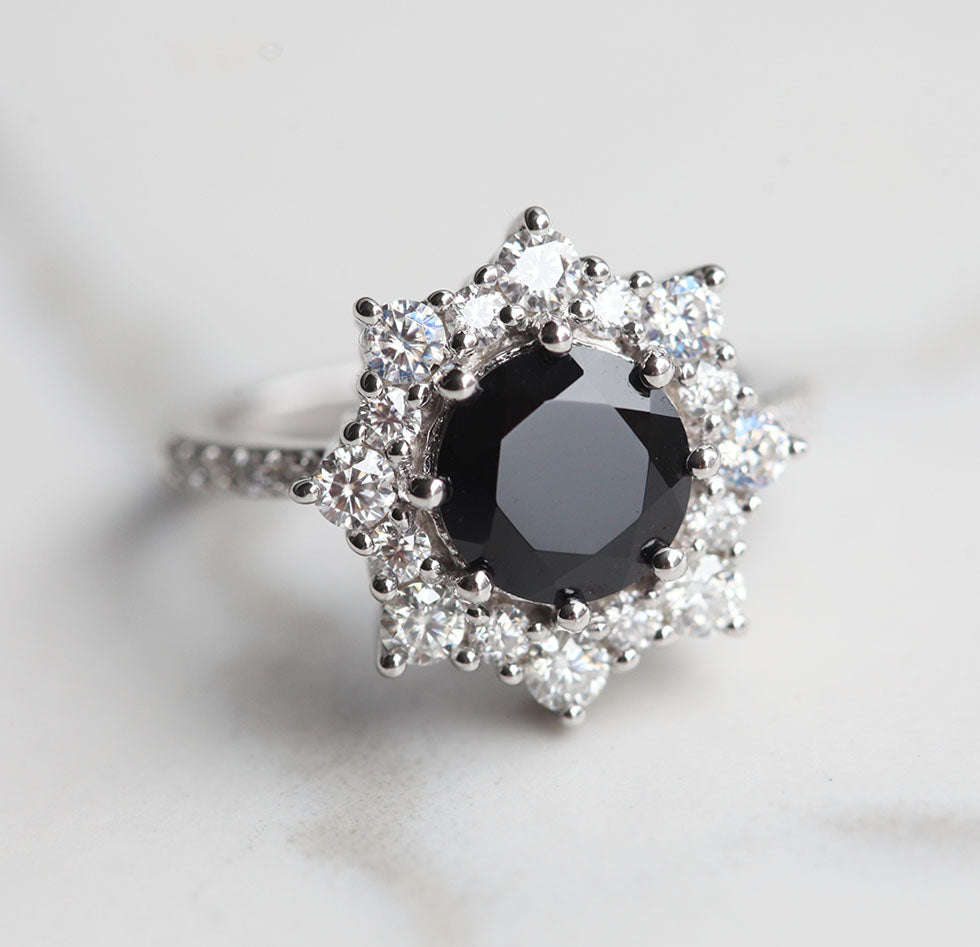 Jessica Round Black Spinel Ring with Halo Moissanite
