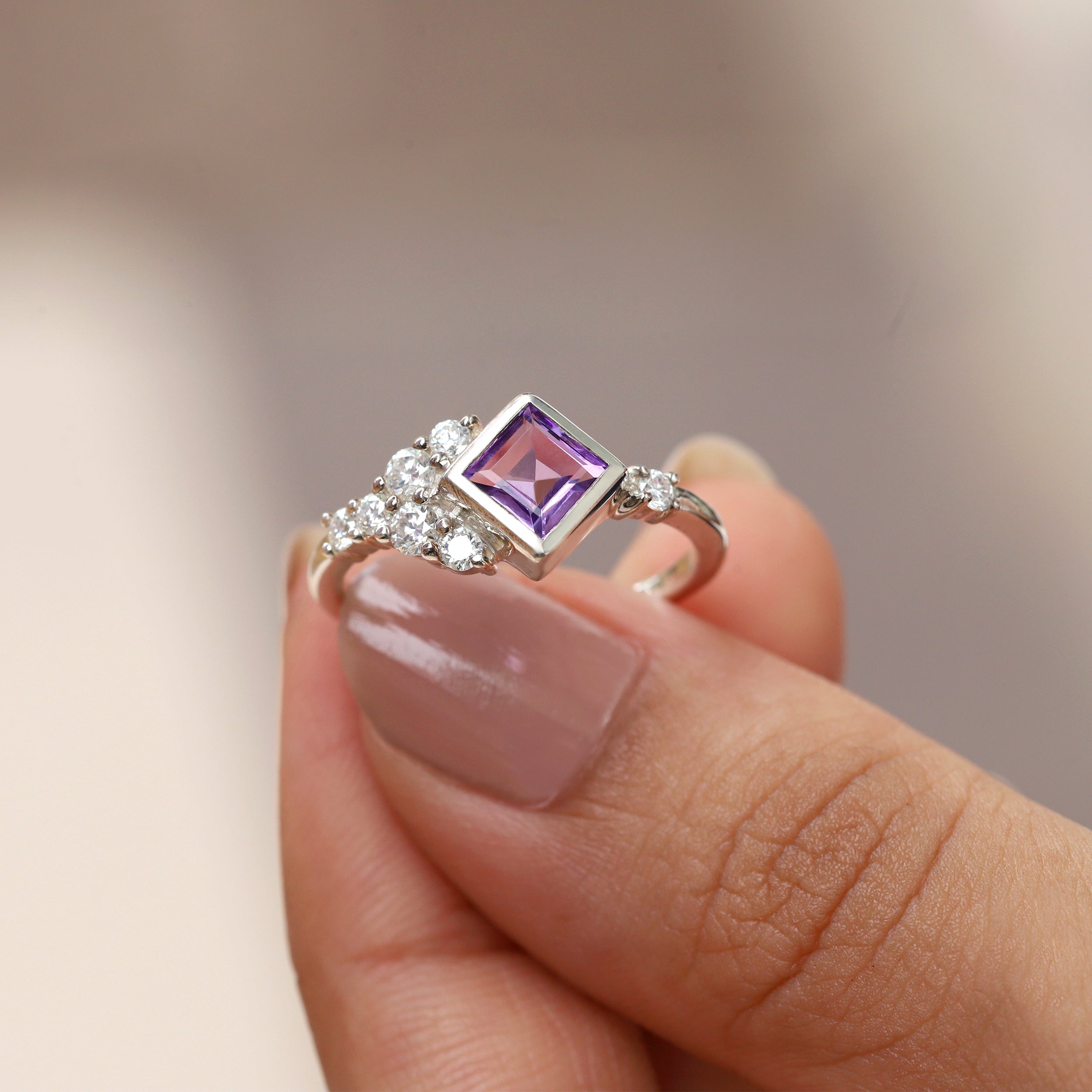 Isla Amethyst Square Ring with side Moissanites
