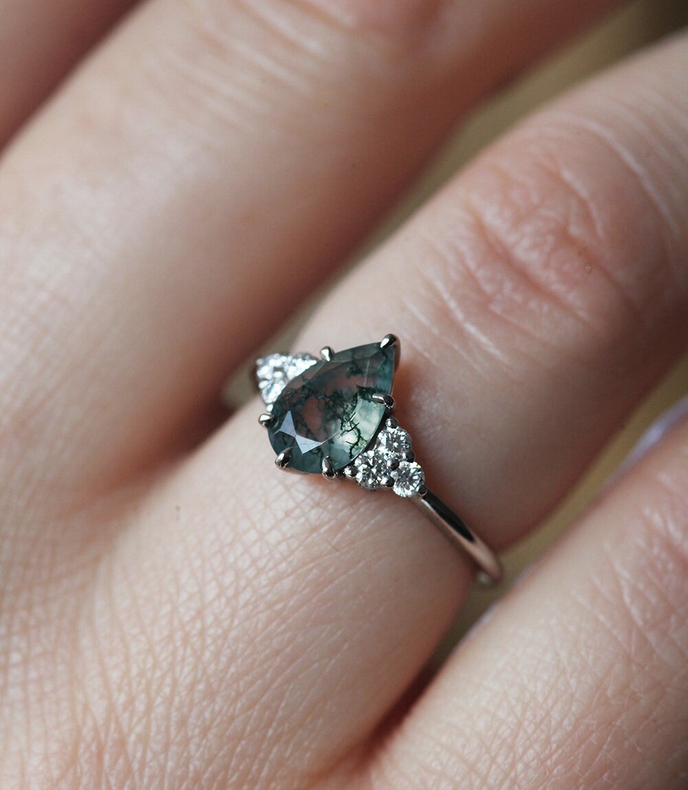 Isla Pear Moss Agate Engagement Ring